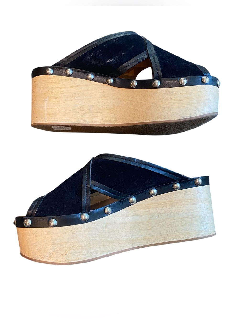 Isabel Marant Zipla Suede Stud Detail Wood Platform Wedge Clog Slide Sandals - Picture 5 of 6